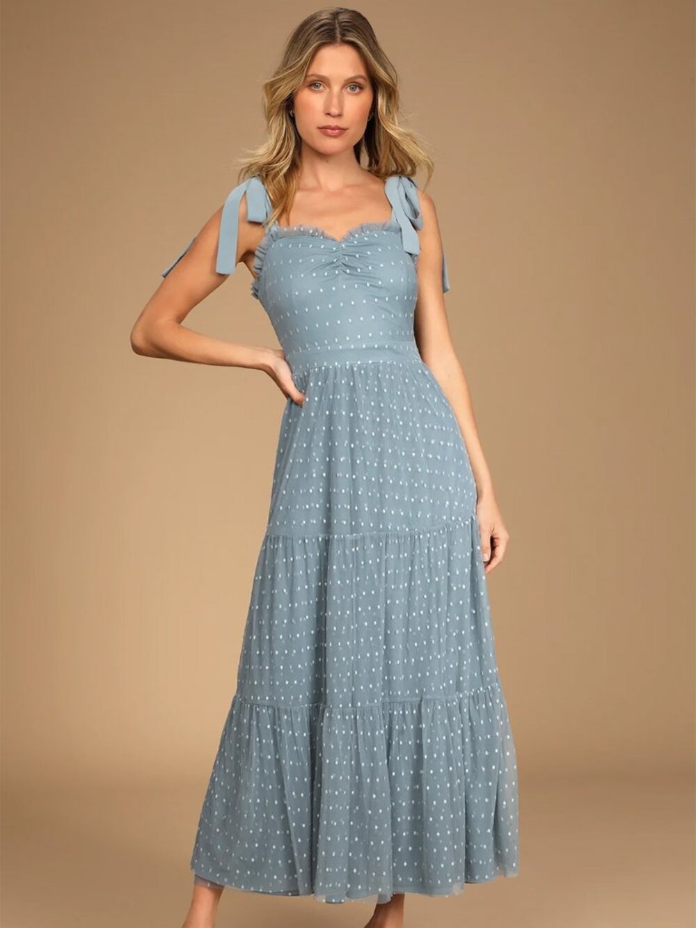 Lulu's Just Your Darling Slate Blue Tie-Strap Swiss Dot Midi Dress, L